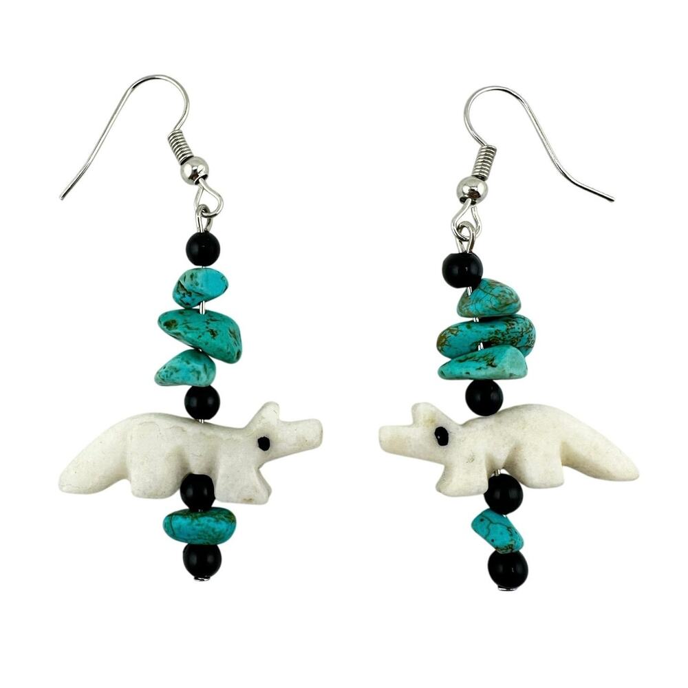 Handmade Upcycled Vintage Faux Turquoise Carved Wolf Fox Dangle Drop Earrings